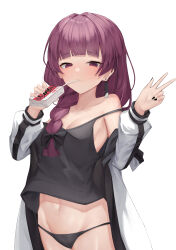 Rule 34 | 1girl, absurdres, aoria, black bow, black camisole, black nails, black panties, blunt bangs, bocchi the rock!, bow, breasts, camisole, cleavage, closed mouth, collarbone, drinking, drinking straw, drinking straw in mouth, earrings, fingernails, hair bow, hair over shoulder, highres, hiroi kikuri, holding carton, jacket, jewelry, juice box, long hair, looking at viewer, low-braided long hair, low-tied long hair, medium breasts, nail polish, navel, panties, red eyes, red hair, simple background, solo, underwear, v, white background, white jacket