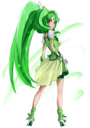 Rule 34 | 10s, 1girl, boots, bow, cure march, dress, from behind, green eyes, green hair, green skirt, green theme, highres, long hair, looking back, magical girl, matching hair/eyes, midorikawa nao, nukosann, ponytail, precure, skirt, smile precure!, solo, tiara, tri tails, very long hair, wind, wrist cuffs