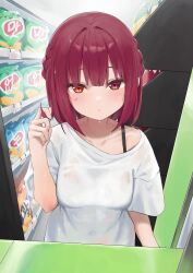 Rule 34 | 1girl, absurdres, braid, breasts, closed mouth, dot mouth, french braid, heterochromia, highres, hololive, houshou marine, light blush, looking at viewer, market, medium breasts, orange eyes, red eyes, red hair, see-through, shirt, solo, standing, syhan, virtual youtuber, wet, wet clothes, white shirt