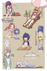Rule 34 | 6+girls, ahoge, ama usa an uniform, apron, bare arms, bare legs, bare shoulders, barefoot, beach chair, beach umbrella, bikini, bikini skirt, blonde hair, blue dress, blue hair, blue shorts, blunt bangs, blush, border, bottle, bow, breasts, brown background, brown hair, bucket, cleavage, closed eyes, closed mouth, collarbone, commentary request, crazy straw, cup, dog tags, dress, drinking glass, drinking straw, eating, electric fan, facing viewer, flat chest, flower, food, fried rice, frilled apron, frilled dress, frills, fruit, full body, ghost, giving up the ghost, gochuumon wa usagi desu ka?, green kimono, green ribbon, green shorts, hair between eyes, hair flower, hair ornament, hair ribbon, hair scrunchie, hairband, hairclip, hand rest, heart, heart-shaped eyewear, heart straw, highres, holding, holding bottle, holding rope, hoto cocoa, japanese clothes, jouga maya, kafuu chino, kimono, kirima syaro, layered bikini, light blue hair, long hair, long sleeves, looking at viewer, low twintails, lying, maid apron, medium breasts, melting, mohei, multiple girls, musical note, natsu megumi, navel, off shoulder, on back, on floor, on stomach, open mouth, orange hair, own hands together, pink bikini, pink bow, pink hairband, plaid, plaid dress, plate, polka dot trim, purple eyes, purple hair, red-framed eyewear, red hair, ribbon, rope, sailor collar, scrunchie, shamoji, shirt, short hair, short sleeves, shorts, sidelocks, simple background, sitting, sleeveless, sleeveless dress, sleeveless shirt, small breasts, soaking feet, splashing, standing, steam, striped bikini, striped clothes, striped hairband, striped kimono, striped shirt, sunglasses, sweatdrop, swimsuit, table, tedeza rize, tippy (gochiusa), translation request, twintails, two-tone shirt, ujimatsu chiya, umbrella, vertical-striped bikini, vertical-striped clothes, vertical-striped kimono, wariza, washbowl, water, water bottle, watermelon, watermelon slice, wavy hair, wet, white apron, white border, white flower, white ribbon, white sailor collar, white scrunchie, white shirt, wide sleeves, x hair ornament, yellow dress, yellow eyes, | |