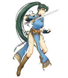 Rule 34 | 1girl, boots, breasts, dress, earrings, female focus, fingerless gloves, fire emblem, fire emblem: the blazing blade, fire emblem heroes, full body, gloves, green eyes, green hair, highres, holding, holding sword, holding weapon, injury, jewelry, knee boots, long hair, lyn (fire emblem), matching hair/eyes, medium breasts, nintendo, official art, pelvic curtain, ponytail, ryona, scabbard, sheath, solo, sword, torn clothes, transparent background, very long hair, weapon, yamada koutarou
