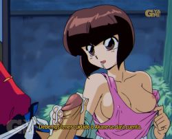 Rule 34 | 1980s (style), 1990s (style), 1boy, 1girl, adjusting clothes, artist logo, bare shoulders, blouse, blue legwear, blunt bangs, bob cut, breasts, brown eyes, brown hair, clothes pull, cloud, cloudy sky, collarbone, commentary, covered erect nipples, cum, cum in mouth, cum on hands, cum on penis, english commentary, facial, foliage, goldennyami, green jacket, hand on another&#039;s penis, handjob, jacket, looking at another, medium breasts, night, night sky, nipples, no bra, off shoulder, oldschool, one breast out, open mouth, out of frame, pants, penis, pink tank top, pulling own clothes, ranma 1/2, red shirt, retro artstyle, saotome ranma, shirt, shirt pull, short hair, sideboob, sky, smile, solo focus, spanish text, subtitled, tank top, tendou nabiki, translated, uncensored, upper body