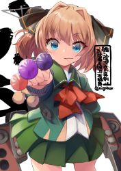 Rule 34 | 1girl, text background, black ribbon, blue eyes, brown hair, candy, character name, commentary request, cowboy shot, food, green jacket, green sailor collar, green skirt, hachijou (kancolle), hair ribbon, holding, holding candy, holding food, holding lollipop, jacket, kantai collection, lollipop, long sleeves, machinery, n:go, neck ribbon, pleated skirt, pom pom (clothes), red ribbon, ribbon, sailor collar, school uniform, serafuku, short hair, simple background, skirt, solo, white background