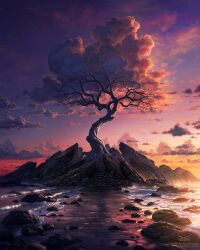 Rule 34 | bare tree, boulder, cloud, daniel conway, highres, moss, no humans, original, outdoors, rock, roots, scenery, shore, sky, stairs, star (sky), starry sky, tree, twilight, water, watermark, waves, web address