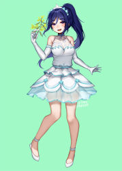Rule 34 | 1girl, :d, bare shoulders, blue hair, commentary, dress, elbow gloves, english commentary, full body, gloves, green background, long hair, looking at viewer, love live!, love live! school idol festival, love live! sunshine!!, matsuura kanan, open mouth, ponytail, purple eyes, simple background, smile, solo, terupancake, white dress, white gloves