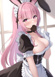Rule 34 | 1girl, absurdres, animal ears, apron, black choker, black dress, blush, breasts, candy, chocolate, chocolate heart, choker, cleavage, commission, dress, food, food in mouth, frilled apron, frills, gloves, hair ornament, heart, highres, indie virtual youtuber, large breasts, long hair, maid, maid apron, maid headdress, okiq, pink eyes, pink hair, puffy short sleeves, puffy sleeves, rabbit ears, short sleeves, skeb commission, solo, virtual youtuber, white gloves