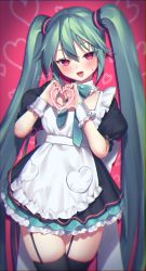 Rule 34 | 1girl, :d, apron, aqua hair, black dress, black thighhighs, blush, commentary, cowboy shot, dress, fang, frilled dress, frills, garter straps, half-closed eyes, hatsune miku, heart, heart background, heart hands, heart print, highres, kirisaki shuusei, long hair, maid, maid apron, open mouth, pink background, red eyes, short sleeves, skin fang, smile, solo, standing, sweat, thighhighs, twintails, very long hair, vignetting, vocaloid, white apron, wrist cuffs