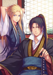 Rule 34 | 2boys, arms up, blonde hair, blue eyes, brown eyes, chinese clothes, dated, day, enki (juuni kokuki), gem, hair slicked back, hand on hilt, hanfu, indoors, jewelry, juuni kokuki, king en (juuni kokuki), long hair, long sleeves, looking at viewer, multiple boys, nama (f14a), necklace, parted bangs, ponytail, popped collar, sash, sitting, smile, tassel, wide sleeves, window