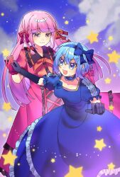 2girls black_gloves blue_bow blue_choker blue_dress blue_eyes blue_flower blue_hair blue_hairband bow braid breasts choker claire_elford closed_mouth cloud collarbone dress elbow_gloves flower frilled_dress frilled_gloves frills gloves hair_bow hairband highres holding_hands kawayoreve long_hair looking_at_another medium_breasts multiple_girls open_mouth outer_glow pink_dress pink_eyes pink_gloves pink_hair puffy_short_sleeves puffy_sleeves red_bow short_hair short_sleeves single_braid sky small_sweatdrop star_(symbol) witch&#039;s_heart