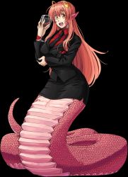 Rule 34 | 1girl, blouse, collared shirt, cosplay, cupping glass, formal, hair between eyes, helltaker, highres, lamia, long hair, lucifer (helltaker), lucifer (helltaker) (cosplay), miia (monster musume), monster girl, monster musume no iru nichijou, necktie, onetruevegetab1, pointy ears, red hair, red shirt, shirt, skirt, skirt suit, solo, suit, transparent background, yellow eyes