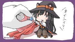 Rule 34 | 1girl, 1other, animal ears, asashio (kancolle), black cape, black hair, black headwear, cape, cat ears, cat tail, chibi, commentary request, dress, hat, kantai collection, long hair, long sleeves, looking at viewer, mini person, minigirl, pinafore dress, poipoi purin, shirt, simple background, sitting, sleeveless, sleeveless dress, striped clothes, striped thighhighs, tail, thighhighs, white background, white shirt, witch hat, | |, || ||