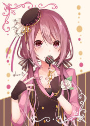 Rule 34 | 1girl, artist name, blush, breasts, brown hat, brown vest, candy, chocolate, commentary, fingerless gloves, food, gloves, grin, hair between eyes, hair ribbon, hat, highres, holding, holding candy, holding food, kuroi (liar-player), lollipop, long hair, long sleeves, looking at viewer, mini hat, nail polish, original, pink shirt, red eyes, red hair, red nails, ribbon, shirt, sidelocks, small breasts, smile, solo, swept bangs, twintails, vest