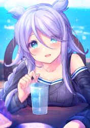 Rule 34 | 1girl, :d, blue eyes, blush, braid, breasts, collarbone, cup, drinking glass, eyes visible through hair, hair flaps, ittokyu, kantai collection, large breasts, long hair, long sleeves, looking at viewer, open mouth, signature, silver hair, single braid, smile, solo, umikaze (kancolle), umikaze kai ni (kancolle), very long hair