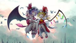 Rule 34 | 2girls, ascot, bat wings, bird, cloud, cloudy sky, crystal wings, dress, flandre scarlet, flying, frilled dress, frills, hat, hat ribbon, mary janes, multiple girls, open mouth, outdoors, purple hair, red eyes, red ribbon, remilia scarlet, ribbon, satyuas, shoes, short hair, siblings, sky, socks, touhou, twins, waving hands, white mob cap, wings, wrist cuffs, yellow ascot