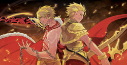 Rule 34 | 2boys, archer (fate), back-to-back, bare pectorals, blonde hair, cape, capelet, chain, dual persona, dual wielding, ea (fate/stay night), earrings, fate/hollow ataraxia, fate/prototype, fate/stay night, fate (series), gilgamesh (fate), gilgamesh (fate/prototype), holding, jewelry, male focus, multiple boys, necklace, pectorals, red eyes, topless male, shokill, sword, tattoo, type-moon, weapon