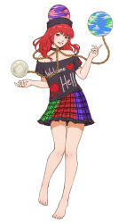 Rule 34 | 1girl, absurdres, barefoot, black collar, black shirt, chain, clothes writing, collar, commentary, earth (ornament), frilled skirt, frills, full body, gold chain, green skirt, heart, heart print, hecatia lapislazuli, highres, knees together feet apart, long hair, looking at viewer, moon (ornament), multicolored clothes, multicolored skirt, off-shoulder shirt, off shoulder, open mouth, purple skirt, red eyes, red hair, red skirt, shirt, simple background, skirt, smile, solo, t-shirt, touhou, underworld (ornament), white background, winterleigh