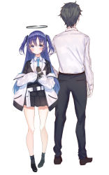 Rule 34 | 1boy, 1girl, absurdres, bare legs, belt, belt pouch, black footwear, black gloves, black hair, black jacket, black pants, black skirt, black suit, blue archive, blue necktie, blush, brown footwear, collared shirt, facing away, formal, full body, gloves, hair ornament, halo, hand on own hip, highres, jacket, loafers, long hair, long sleeves, looking at viewer, necktie, off shoulder, open clothes, open jacket, pants, pleated skirt, pouch, purple eyes, rin (rin illust 0805), sensei (blue archive), shirt, shoes, short hair, simple background, skirt, standing, suit, teacher and student, two side up, white background, white belt, white jacket, white shirt, yuuka (blue archive)