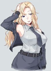 Rule 34 | 1girl, belt, black jacket, blonde hair, blue eyes, blue necktie, breasts, grey background, hand on own head, hornet (kancolle), jacket, kantai collection, large breasts, lips, long hair, necktie, off shoulder, parted lips, pencil skirt, rindou (rindou annon), shirt, simple background, skirt, sleeveless, sleeveless shirt, solo, upper body, white shirt