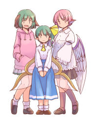 Rule 34 | 3girls, :d, adapted costume, alternate costume, animal ears, ascot, backlighting, bird ears, bird girl, bird wings, black footwear, black skirt, blouse, blue skirt, blush, bobby socks, bow, brown footwear, brown legwear, casual, closed mouth, collared shirt, daiyousei, dog ears, dot mouth, drawstring, dress shirt, expressionless, eyes visible through hair, fairy, fairy wings, feathered wings, floppy ears, frilled shirt collar, frilled sleeves, frills, from side, full body, green eyes, green hair, hair bow, hands in pockets, head tilt, heel up, height difference, high-waist skirt, hood, hood down, hoodie, kasodani kyouko, kneehighs, legs together, loafers, long skirt, long sleeves, looking at viewer, looking to the side, low wings, mary janes, miniskirt, multiple girls, mystia lorelei, no headwear, no nose, open mouth, own hands together, pink hair, pink hoodie, pleated skirt, pointy ears, puffy long sleeves, puffy sleeves, rangycrow, red eyes, shirt, shirt tucked in, shoes, short hair, side-by-side, side ponytail, simple background, skirt, sleeve garter, smile, socks, standing, straight-on, touhou, transparent wings, v arms, white background, white legwear, white shirt, white skirt, wide sleeves, wing collar, wings, yellow ascot, yellow bow, | |