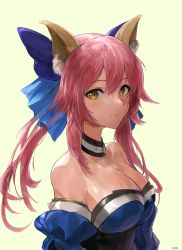 Rule 34 | 1girl, animal ears, bare shoulders, blush, bow, breasts, chan1moon, cleavage, collar, commentary request, detached sleeves, fate/grand order, fate (series), fox ears, fox tail, hair bow, hair ribbon, highres, japanese clothes, large breasts, long hair, looking at viewer, pink hair, ribbon, simple background, smile, solo, tail, tamamo (fate), tamamo no mae (fate/extra), twintails, yellow background, yellow eyes
