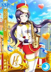 Rule 34 | blush, character name, green eyes, hat, long hair, love live!, love live! school idol festival, love live! school idol project, music, purple hair, saxophone, sky, smile, tojo nozomi, twintails, uniform, wink