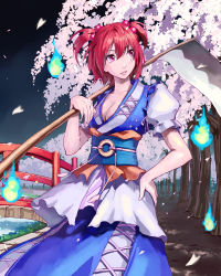 Rule 34 | 1girl, akito, bob cut, breasts, bridge, cherry blossoms, cleavage, coin, dress, female focus, hair bobbles, hair ornament, highres, large breasts, lipstick, makeup, onozuka komachi, petals, pink eyes, pink lips, red hair, river, scythe, short hair, short twintails, skirt, smile, solo, standing, touhou, tree, twintails, two side up