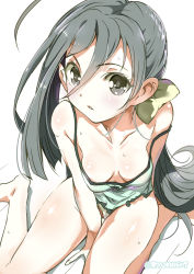 Rule 34 | 10s, 1girl, ahoge, babydoll, bare legs, bare shoulders, barefoot, between legs, blush, breasts, cleavage, downblouse, from above, grey eyes, grey hair, hair ribbon, hand between legs, kantai collection, kiyoshimo (kancolle), lingerie, long hair, looking at viewer, looking up, naitou ryuu, open mouth, panties, ribbon, side ponytail, sitting, small breasts, solo, strap slip, sweat, underwear, very long hair, wariza
