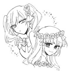 Rule 34 | 2girls, blunt bangs, bow, bowtie, breasts, character request, closed mouth, dot nose, earrings, expressionless, flower, hair bow, hair ribbon, hand up, head wreath, highres, jewelry, jitome, large breasts, looking at viewer, looking to the side, monochrome, multiple girls, oniko (oni06), ribbon, rouge (witch&#039;s heart), simple background, smile, sparkle, twintails, upper body, white background, witch&#039;s heart