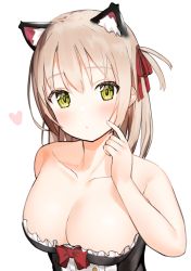 Rule 34 | 1girl, animal ear fluff, animal ears, bad id, bad pixiv id, bare arms, bare shoulders, black dress, blush, bow, breasts, cat ears, cleavage, collarbone, commentary request, dress, hair between eyes, hair ribbon, hand up, heart, highres, idemitsu, large breasts, light brown hair, long hair, one side up, original, red bow, red ribbon, ribbon, scratching cheek, simple background, solo, strapless, strapless dress, upper body, white background, yellow eyes