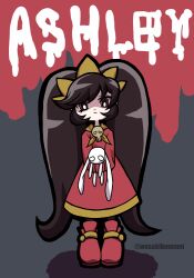 Rule 34 | 1girl, ashley (warioware), big hair, black hair, character name, closed mouth, dress, hairband, highres, holding, holding stuffed toy, long hair, long sleeves, looking at viewer, neckerchief, nintendo, pantyhose, red dress, red eyes, solo, stuffed animal, stuffed rabbit, stuffed toy, tiara, twintails, twitter username, two-tone background, very long hair, warioware, warioware: move it!, wasabibummei