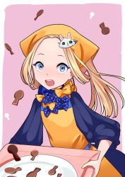Rule 34 | 1girl, abigail williams (fate), alternate headwear, apron, blonde hair, blue eyes, blush, bow, character hair ornament, chocolate, commentary request, dress, fate/grand order, fate (series), forehead, fou (fate), hair bow, hair ornament, hair up, head scarf, holding, holding tray, keyhole, long hair, long sleeves, looking at viewer, miyatsuki sorako, nose blush, open mouth, orange apron, orange bow, parted bangs, pink background, plate, polka dot, polka dot bow, purple bow, purple dress, sleeves past fingers, sleeves past wrists, solo, tray, two-tone background, valentine, white background