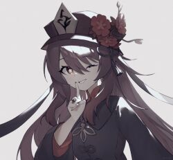 Rule 34 | 1girl, ;), black coat, black nails, bright pupils, brown hair, brown hat, coat, commentary, english commentary, finger to mouth, flower, flower-shaped pupils, genshin impact, grey background, grin, hair between eyes, hat, hat flower, hat tassel, highres, hu tao (genshin impact), jewelry, juffles, long hair, long sleeves, looking at viewer, multiple rings, one eye closed, orange eyes, ring, shushing, simple background, smile, solo, swept bangs, symbol-shaped pupils, upper body, white pupils