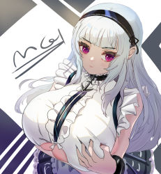 Rule 34 | 1girl, absurdres, anchor symbol, azur lane, black hairband, grabbing another&#039;s breast, breasts, center frills, clothing cutout, collar, dido (azur lane), earrings, frills, grabbing, grabbing own breast, hairband, heart, heart earrings, highres, huge breasts, jewelry, metal collar, mr-mc, purple eyes, shirt, simple background, sleeveless, sleeveless shirt, solo, underboob, underboob cutout, white hair, white shirt