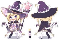 Rule 34 | 1girl, :d, animal ear fluff, animal ears, argyle, argyle clothes, argyle dress, asymmetrical legwear, black cape, black footwear, black thighhighs, blonde hair, blush, bow, cape, cat ears, cat girl, cat tail, chibi, color guide, commentary request, dress, ears through headwear, gloves, hat, holding, holding staff, long hair, looking at viewer, lumia saga, mauve, mismatched legwear, multiple views, open mouth, purple background, purple dress, purple eyes, purple gloves, purple headwear, shadow, shoes, smile, staff, standing, striped bow, striped clothes, striped thighhighs, tail, tail bow, tail ornament, tail raised, teeth, thighhighs, twintails, upper teeth only, vertical-striped clothes, vertical-striped thighhighs, white background, white thighhighs, witch hat