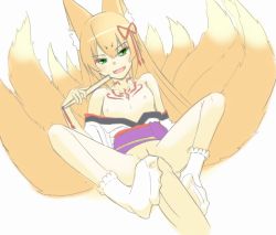 Rule 34 | animal ears, blonde hair, blush, bow, breasts, fangs, feet, footjob, fox ears, functionally nude, green eyes, hair bow, hand fan, long hair, markings, mon-musu quest!, monster girl, multiple tails, open mouth, penis, pov, pussy, simple background, small breasts, socks, spread legs, tail, tamamo (mon-musu quest!), translation request, uncensored, wizard898