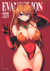 Rule 34 | 1girl, adapted costume, alternate breast size, artist name, bare shoulders, bodypaint, bodysuit, breasts, copyright name, curvy, english text, hair between eyes, highleg, highleg leotard, highres, large breasts, leotard, looking at viewer, neon genesis evangelion, open mouth, pilot suit, plugsuit, red background, red leotard, red thighhighs, revealing clothes, shiny clothes, shiny skin, simple background, solo, souryuu asuka langley, spiz, standing, thick thighs, thighhighs, thighs, thong leotard, twintails, wide hips