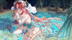 Rule 34 | 1girl, :o, absurdres, blue eyes, blue nails, blue skirt, blush, breasts, bridal gauntlets, crossed arms, desert, detached sleeves, fake horns, feet, genshin impact, hair behind ear, harem outfit, high heels, highres, horns, long hair, looking at viewer, medium breasts, nail polish, nilou (genshin impact), oasis, parted bangs, red hair, sandals, skindentation, skirt, solo, squatting, thigh strap, toenail polish, toenails, toes, tree, uaxa2334, very long hair, water, white veil