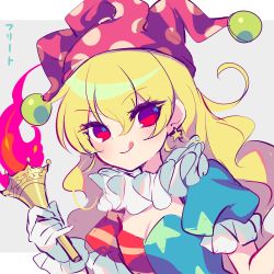 Rule 34 | 1girl, american flag dress, bad id, bad twitter id, blonde hair, border, breasts, closed mouth, clownpiece, commentary request, dress, earrings, eyes visible through hair, fire, grey background, hair between eyes, hands up, hat, highres, holding, holding torch, jester cap, jewelry, kozakura (dictionary), long hair, looking to the side, medium breasts, neck ruff, outside border, pink fire, polka dot, puffy short sleeves, puffy sleeves, purple hat, red eyes, short sleeves, simple background, smile, solo, star (symbol), star earrings, star print, striped clothes, striped dress, tongue, tongue out, torch, touhou, upper body, v-shaped eyebrows, white border