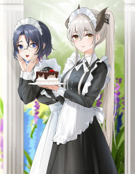 Rule 34 | 2girls, apron, blonde hair, blue eyes, blue hair, blurry, blurry background, blush, cake, closed mouth, dragon horns, food, from side, glasses, happy birthday, highres, holding, holding tray, horns, long hair, long sleeves, looking at viewer, maid, maid apron, maid headdress, multiple girls, open mouth, original, parted lips, ponytail, qing wu, short hair, smile, standing, teeth, tray, upper teeth only, yellow eyes