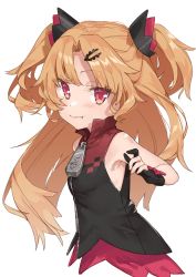 Rule 34 | 1girl, absurdres, akatsuki uni, armpits, bare shoulders, black gloves, black vest, blonde hair, blush, fang, fang out, gloves, hair ornament, hairclip, highres, light blush, long hair, looking at viewer, muchi maro, parted bangs, partially fingerless gloves, red eyes, simple background, smile, solo, two side up, uni create, upper body, vest, virtual youtuber, white background, zipper