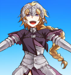Rule 34 | 1girl, :d, armor, armored dress, bad id, bad pixiv id, blonde hair, braid, dress, fate/apocrypha, fate (series), gauntlets, headpiece, jeanne d&#039;arc (fate), jeanne d&#039;arc (ruler) (fate), long hair, open mouth, purple eyes, single braid, smile, solo, tukno, very long hair