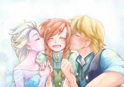 Rule 34 | 1boy, 2girls, :d, ^ ^, anna (frozen), blonde hair, blush, boy and girl sandwich, braid, brown hair, closed eyes, closed mouth, collarbone, elsa (frozen), eyebrows, frozen (disney), hair over shoulder, happy, holding hands, kiss, kissing cheek, kristoff (frozen), light particles, long hair, multiple girls, open mouth, pin.s, sandwiched, short hair, siblings, sisters, smile, twin braids, upper body