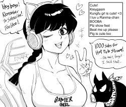 Rule 34 | +++, 1girl, :d, animal ear headphones, animal ears, bad id, bandana, bb (baalbuddy), booba (meme), braid, breasts, cat ear headphones, chair, chat log, cleavage, clothes writing, commentary, english commentary, english text, fake animal ears, gaming chair, genderswap, genderswap (mtf), greyscale, hand up, headphones, heart, highres, inactive account, large breasts, livestream, long hair, looking at viewer, meme, monochrome, on chair, one eye closed, open mouth, p-chan, pig, ranma-chan, ranma 1/2, shirt, simple background, single braid, sitting, sleeveless, sleeveless shirt, smile, solo, sweatdrop, swivel chair, v, white background