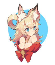 Rule 34 | + +, 1girl, animal ear fluff, animal ears, bare shoulders, blonde hair, blue eyes, blush, blush stickers, breasts, cleavage, closed mouth, female focus, fox ears, fox girl, hair rings, inaho (world flipper), jewelry, large breasts, long hair, looking to the side, necklace, no bra, off shoulder, shiny skin, sidelocks, simple background, solo, two-tone background, upper body, white background, world flipper, yogurt (yott parfait)