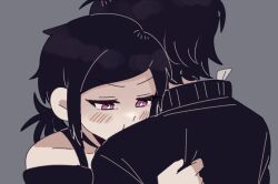 Rule 34 | 1boy, 1girl, andou (sino spkt), andrew graves, ashley graves, black hair, black sweater, brother and sister, from behind, hug, pout, siblings, sidelocks, simple background, sweater, tears, the coffin of andy and leyley