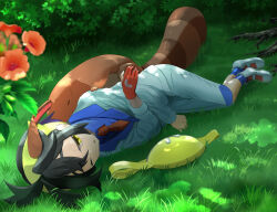 1boy ake_(wjas2355) black_hair blue_shirt collared_shirt creatures_(company) day fanny_pack flower game_freak gen_2_pokemon gloves grass hairband highres jacket kieran_(pokemon) lying male_focus mole mole_on_neck necktie nintendo on_side one_eye_closed outdoors partially_fingerless_gloves pokemon pokemon_(creature) pokemon_sv red_necktie sentret shadow shirt shoes short_hair shorts single_glove socks yellow_bag yellow_eyes yellow_hairband