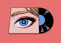 Rule 34 | blue eyes, bright pupils, eyeshadow, highres, makeup, minillustration, no humans, original, pink background, record, record jacket, shadow, simple background, white pupils