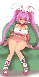 Rule 34 | 1girl, animal ears, bare shoulders, blush, breasts, cleavage, closed mouth, clothes lift, couch, di gi charat, dice hair ornament, dress, full body, hair ornament, highres, knees together feet apart, large breasts, lifting own clothes, light purple hair, long hair, looking at viewer, neck ribbon, on couch, panties, pink footwear, pink panties, rabbit ears, ribbon, sash, shoes, simple background, sitting, skirt, skirt lift, socks, solo, sumiyao (amam), sweat, twintails, underwear, usada hikaru, very long hair, white background, white dress, white socks