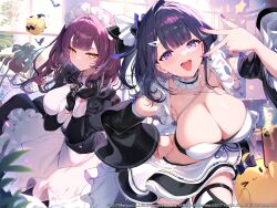 Rule 34 | 2girls, :d, adjusting clothes, adjusting gloves, apron, arm up, armpits, azur lane, bare shoulders, bent over, bird, black dress, black gloves, black hair, black skirt, breasts, chick, choker, cleavage, closed mouth, collarbone, copyright name, criss-cross halter, crop top, detached collar, detached sleeves, devonshire (azur lane), dress, frilled choker, frills, front-tie top, gloves, hair ornament, hairclip, halterneck, hand on own hip, highres, juliet sleeves, kat (bu-kunn), large breasts, leaning forward, liverpool (azur lane), long hair, long sleeves, looking at viewer, maid, maid apron, maid headdress, manjuu (azur lane), midriff, miniskirt, multiple girls, nail polish, official art, open mouth, puffy sleeves, purple eyes, purple hair, purple nails, revealing clothes, skindentation, skirt, sleeveless, smile, spaghetti strap, standing, thighhighs, underwear, w, waist apron, white apron, wide sleeves, yellow eyes