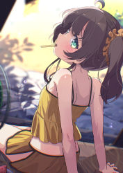 Rule 34 | 1girl, absurdres, ahoge, aqua eyes, blurry, blurry background, brown hair, camisole, depth of field, electric fan, food, fruit, hair between eyes, highres, hololive, leaning back, looking at viewer, looking back, medium hair, natsuiro matsuri, natsuiro matsuri (matsuri&#039;s day off), okota mikan, scrunchie, short shorts, shorts, side ponytail, side slit, sitting, sleeveless, solo, spaghetti strap, support, virtual youtuber, watermelon, wooden floor, yellow camisole, yellow scrunchie, yellow shorts